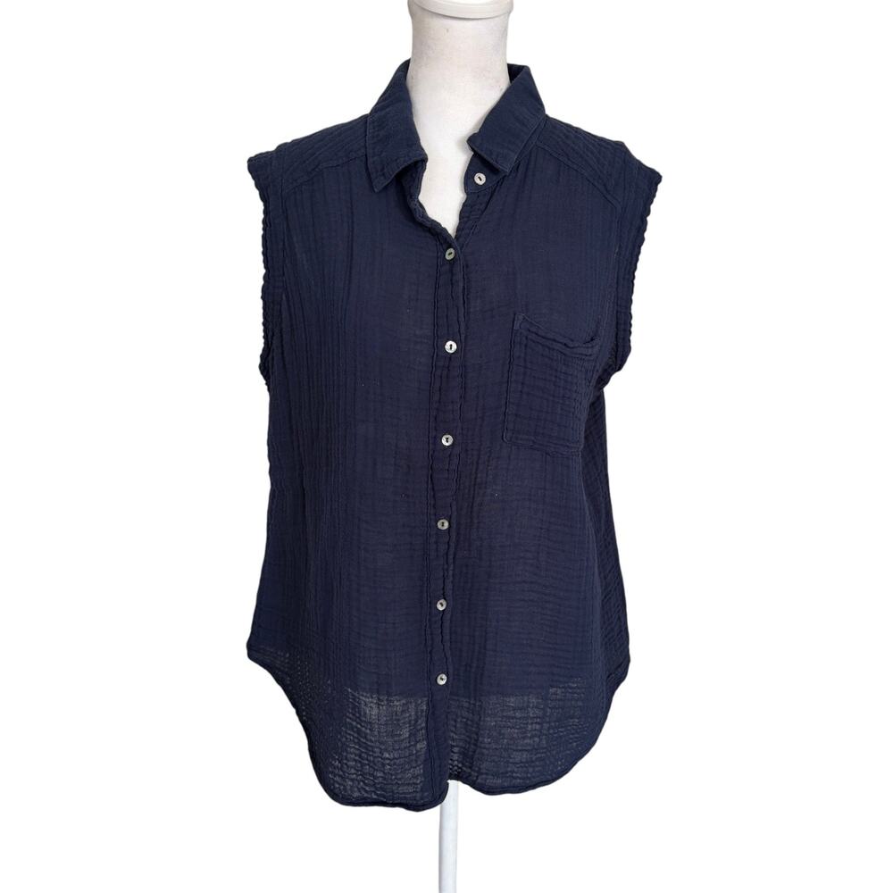 Michael Stars Navy Blue Crinkle Sleeveless Button Down Shirt Womens Size Medium